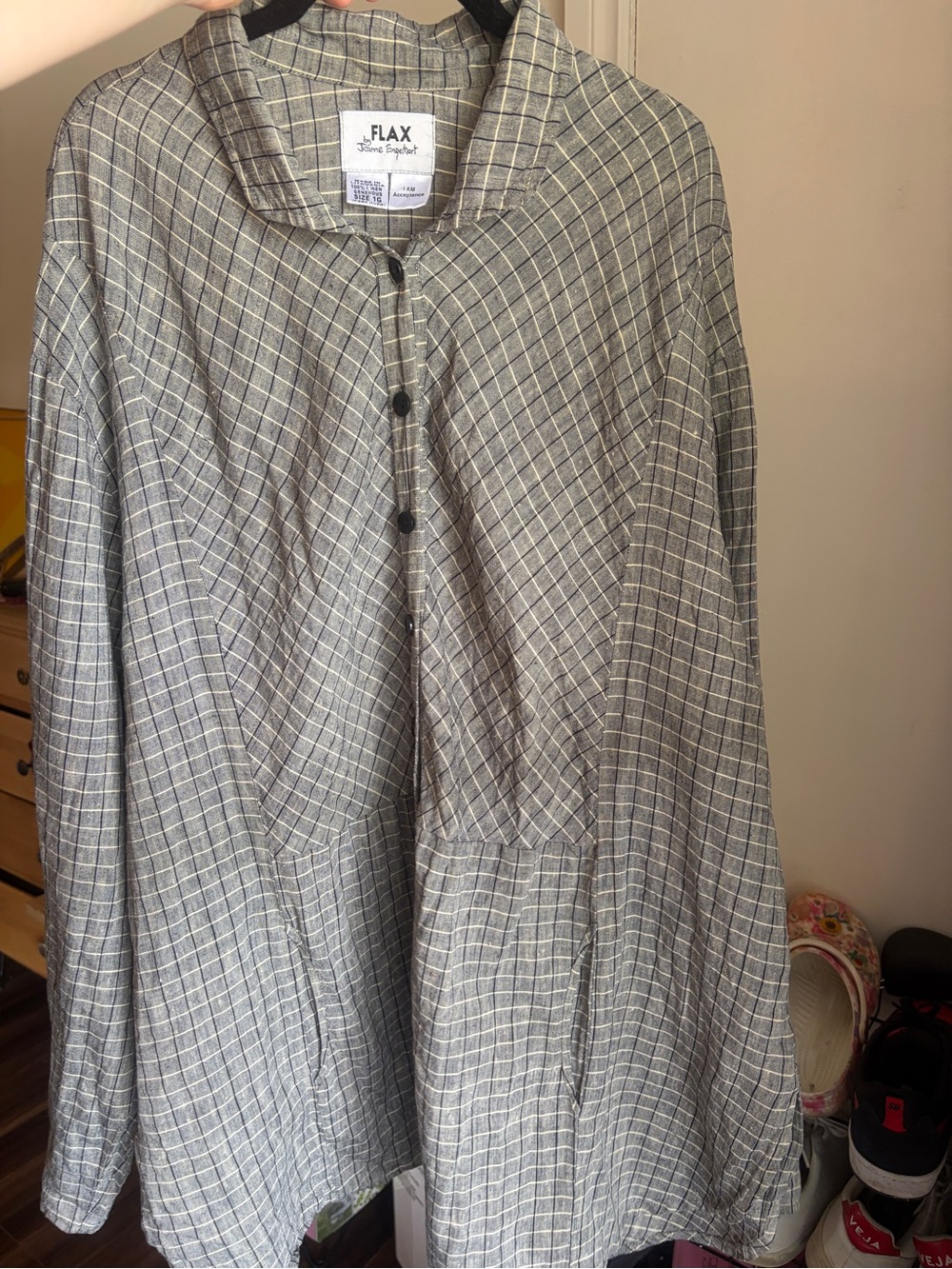 Flax Windowpane Linen Shirt Dress in Gray, black and Cream plaid - Picture 10 of 17